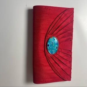 Klimt Red Silk Cameo Clutch Purse with Turquoise Cameo Button at Closure.